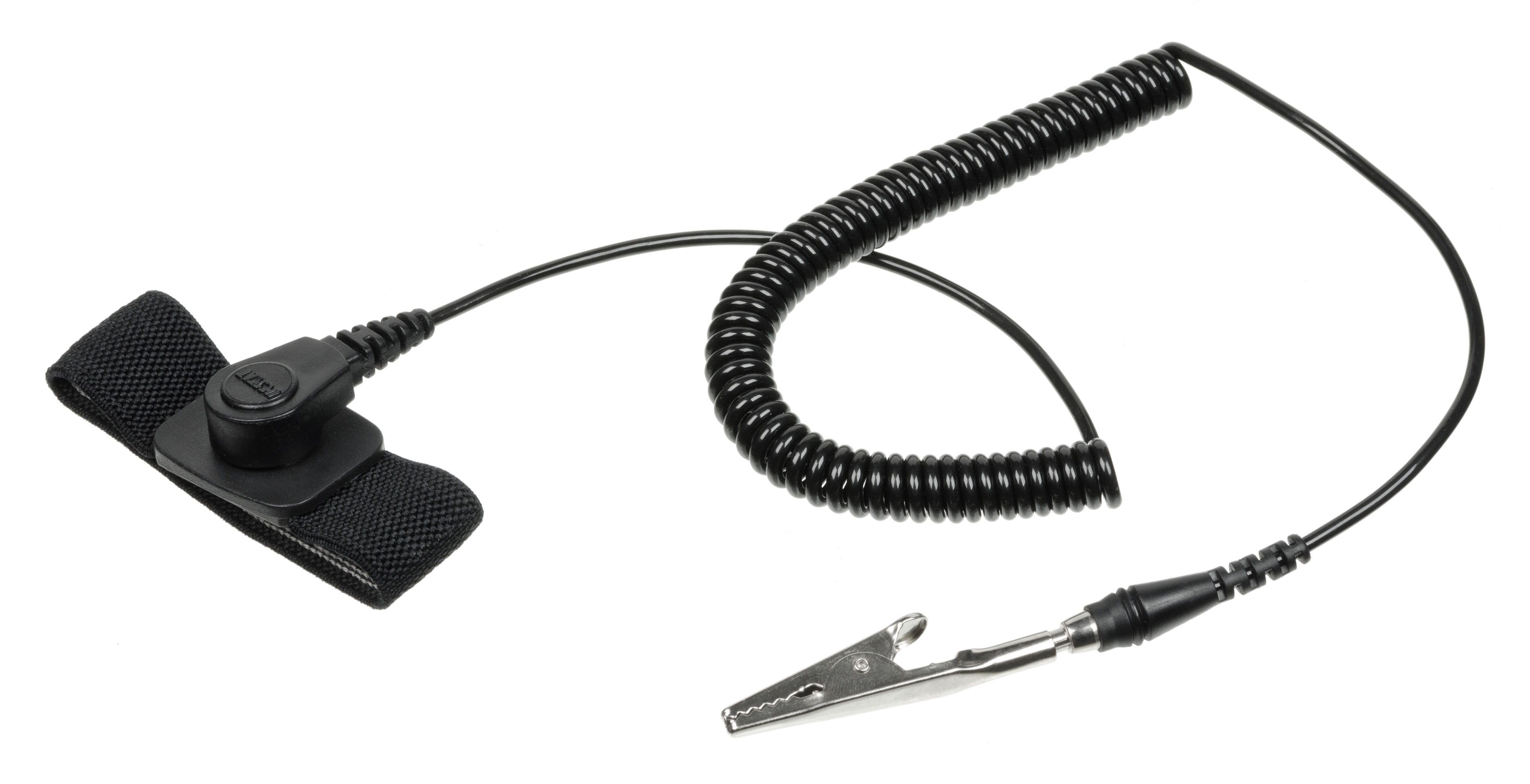 An anti-static wrist strap with a crocodile clip, designed to be attached directly to the bare, unpainted metal of a computer chassis to safely ground the technician.