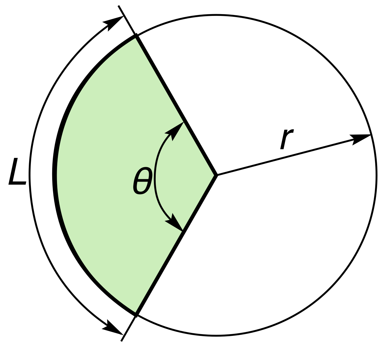 A central angle defines both a 1D circular arc along the boundary and a 2D circular sector enclosed within the circle.