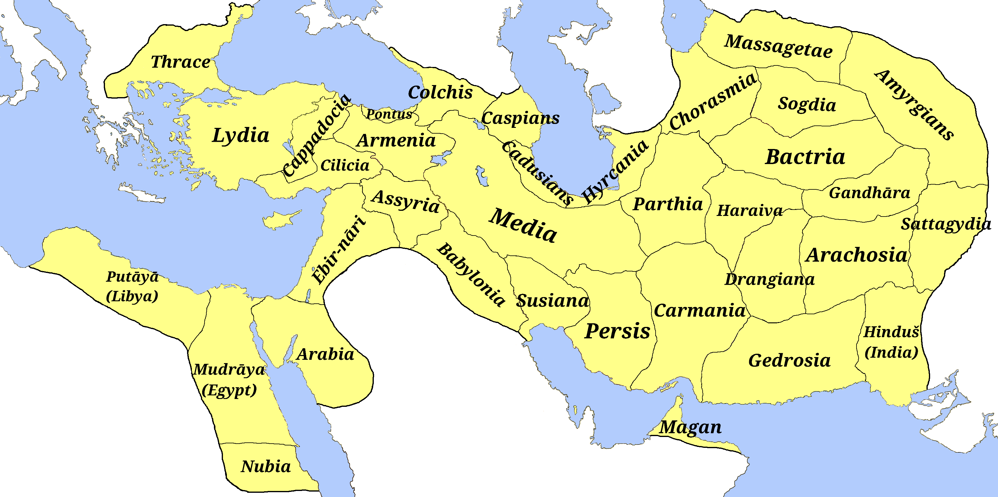 Map outlining the vast satrapies (provinces) of the Achaemenid Empire, demonstrating the geographic scale that necessitated decentralized "branch manager" governance.