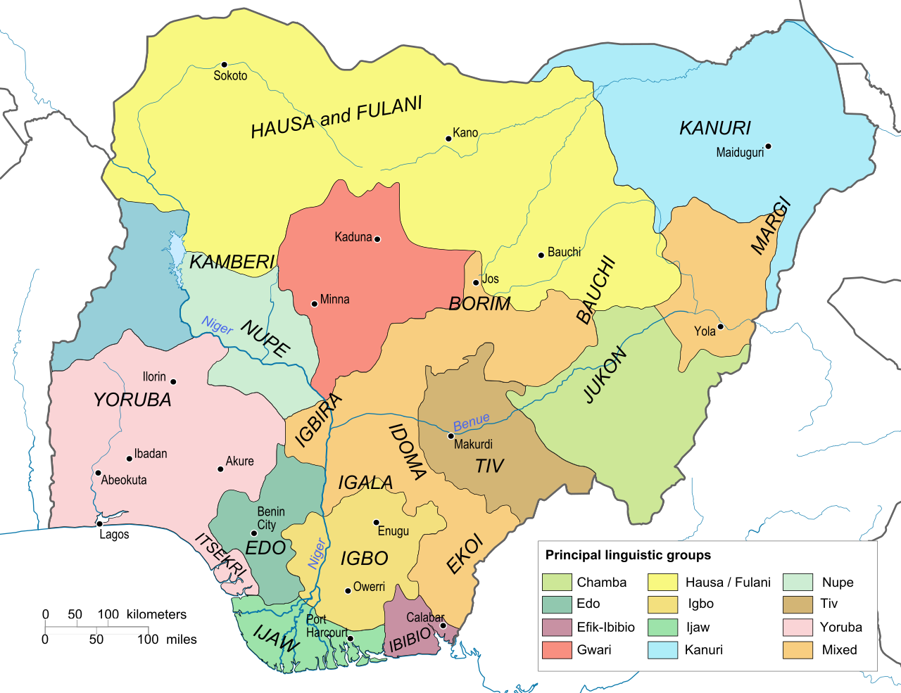 Map of Nigeria's ethno-linguistic groups. Chinua Achebe's "Things Fall Apart" reclaims the history of the Igbo people (located in the central south) from European colonial narratives.