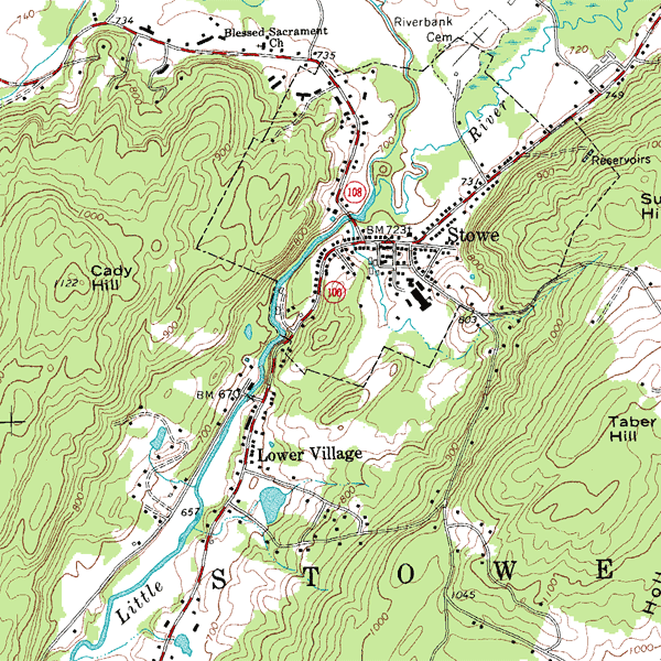 A topographic isoline map of Stowe, Vermont. The brown contour lines connect points of equal elevation, allowing readers to easily visualize the steepness of the terrain without a 3D model.