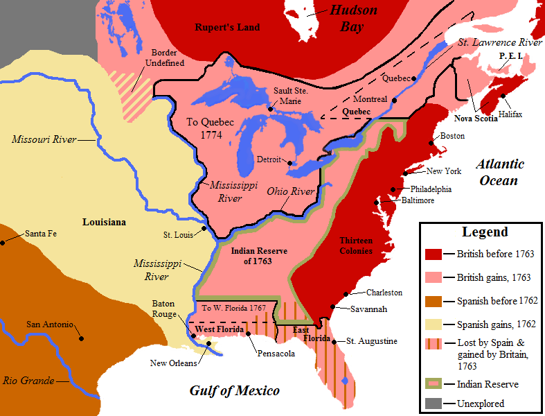 Map showing the territorial gains of Great Britain (pink) in North America following the 1763 Treaty of Paris. The massive expansion of the empire brought immense financial debt.