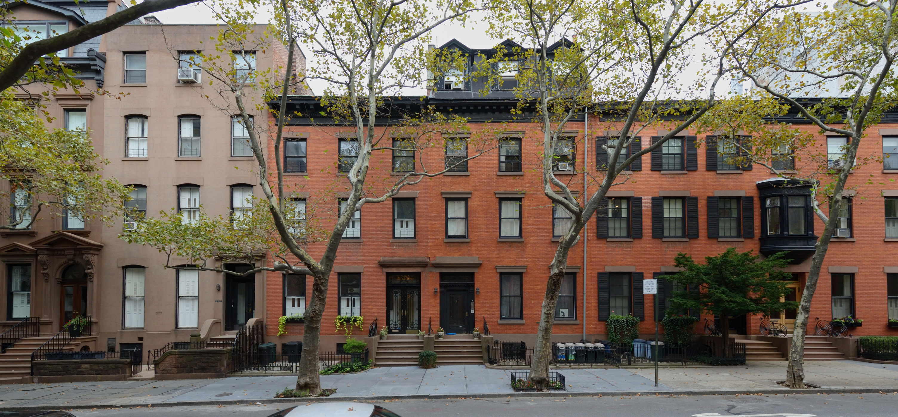 Adjacent rowhouses, such as these historic homes in Brooklyn Heights, rely on party wall easements where owners share and mutually support a single dividing structural wall on the property line.