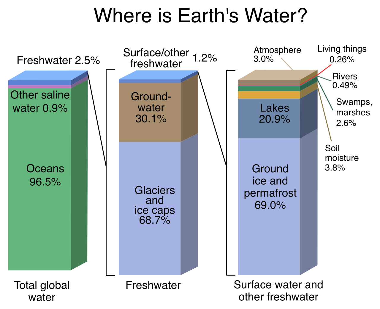 Breakdown of Earth's water distribution, illustrating that readily available surface freshwater represents only a microscopic fraction of the global water supply.