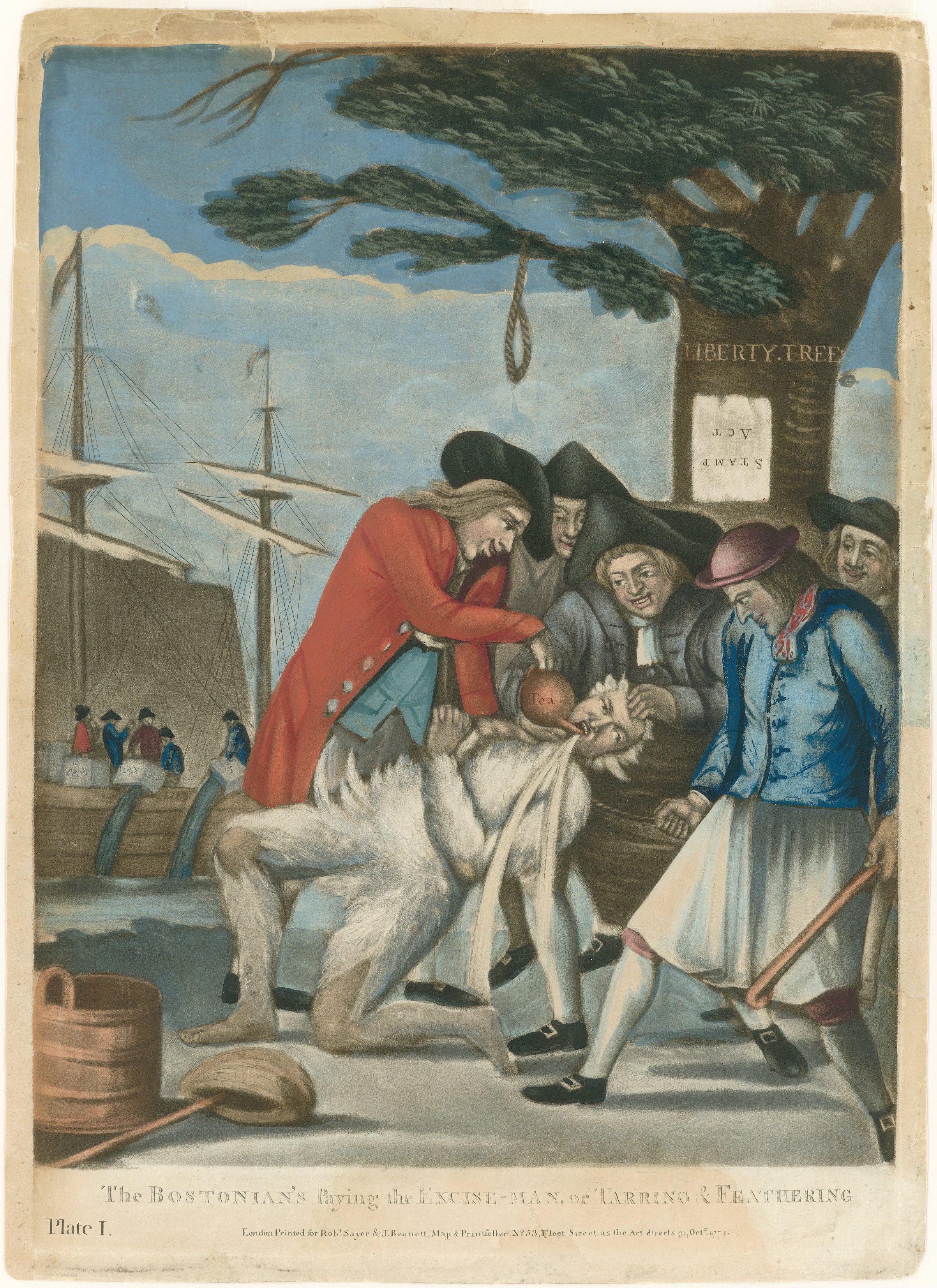 A 1774 political cartoon depicting Bostonians tarring and feathering a British customs official, a violent tactic used to enforce colonial boycotts and protest imperial taxation.