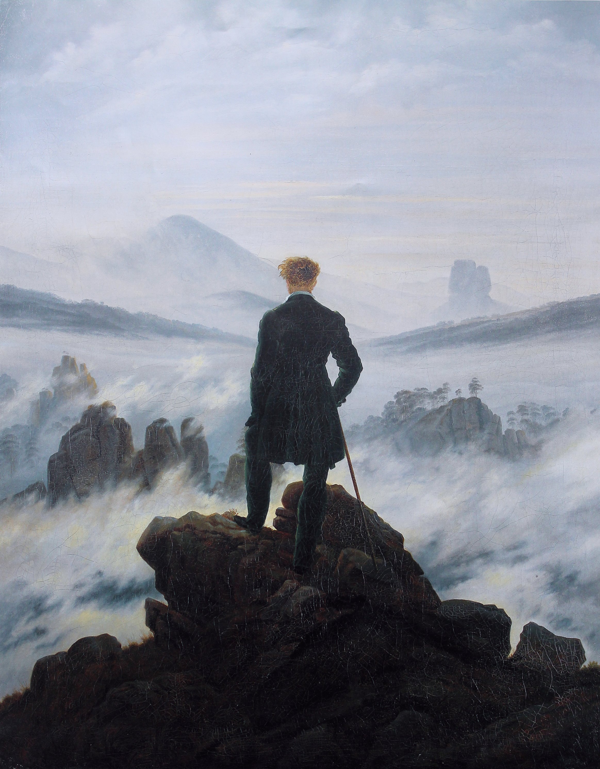 Caspar David Friedrich's "Wanderer above the Sea of Fog" (1818) epitomizes the Romantic literary ideal: a solitary individual confronting the awe-inspiring, sublime, and untamable power of nature.