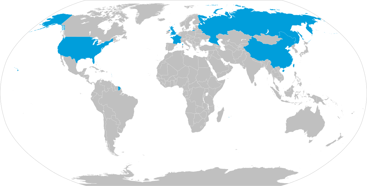 A map of the five permanent members of the UN Security Council (the P5). As the only states endowed with veto power, they possess disproportionate authority over global security mandates.