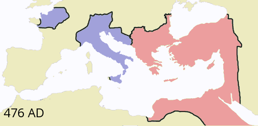 Map illustrating the administrative division of the Roman Empire into Western and Eastern halves, a strategic triage that ultimately prefaced the collapse of the West in 476 CE.