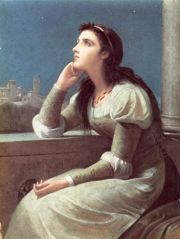 Philip H. Calderon's 1888 painting of Juliet. The audience's awareness that she is merely asleep while Romeo believes she is dead serves as a quintessential example of dramatic irony used to implicitly develop theme.