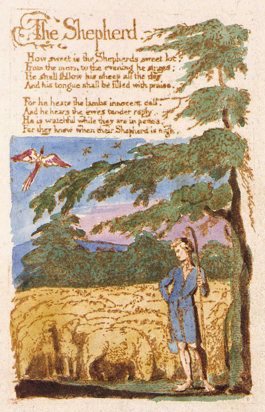 William Blake's illustration "The Shepherd" captures the essence of pastoral literature: a highly stylized, innocent, and idealized vision of rural agricultural life.