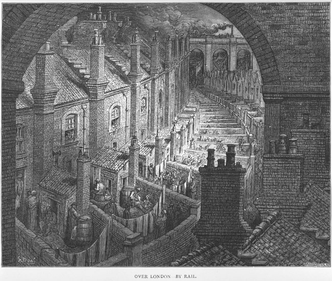 Gustave Doré's 1870 engraving of London visually represents the overcrowded, soot-choked squalor that drove the intense social and class anxieties explored by Victorian novelists like Charles Dickens.