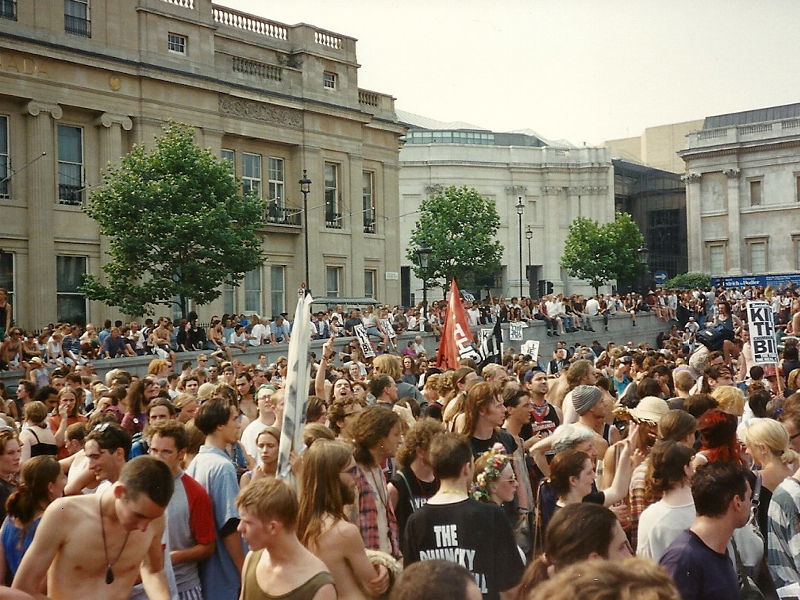 A march against the Criminal Justice Bill, London, July 1994 — the legislation that became the Criminal Justice and Public Order Act 1994, which reshaped the right to silence.