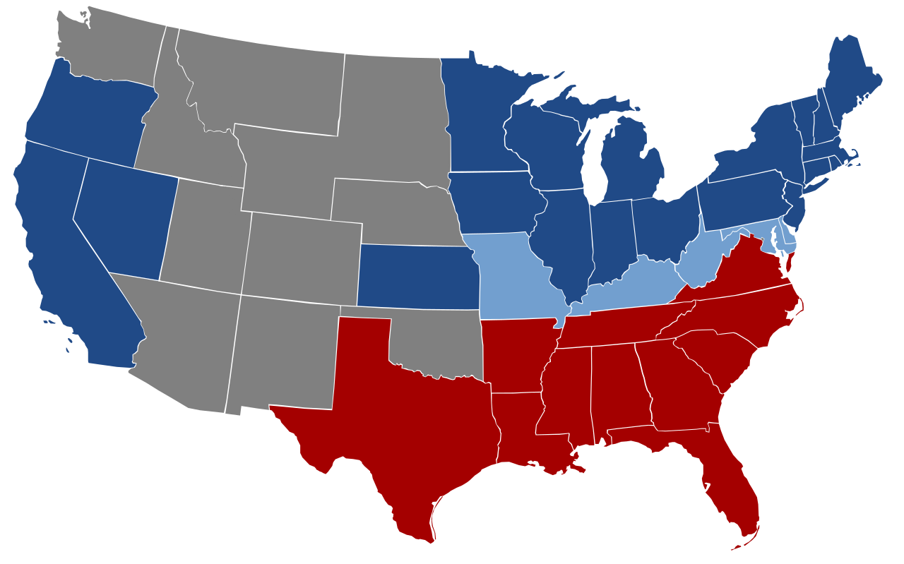 A map showing the division of Union, Confederate, and Border states during the American Civil War—the ultimate structural and moral stress test of the republic.