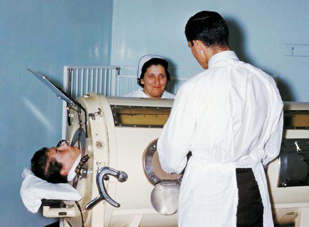 A medical team treats a patient inside an iron lung tank respirator. Tangential historical context like this is frequently placed in sidebars to provide depth without interrupting the main text.