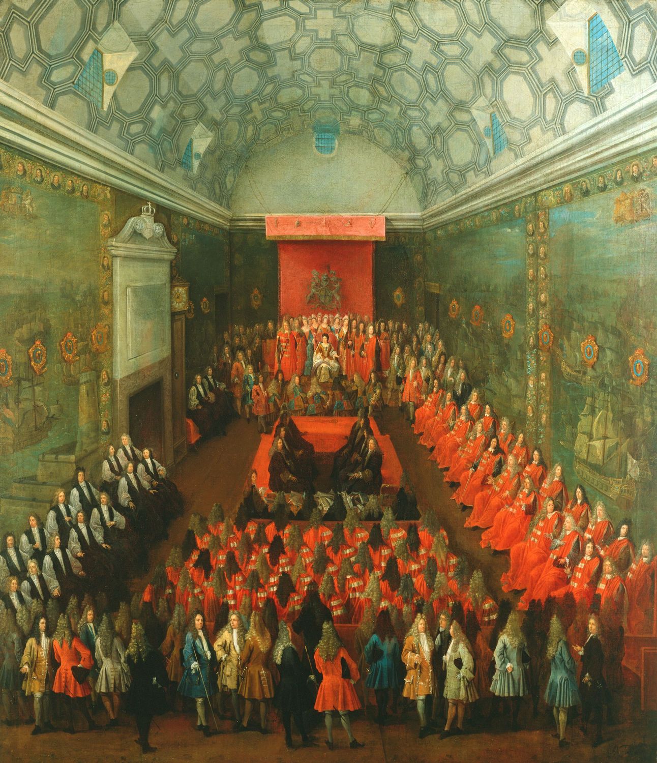 Queen Anne addressing the House of Lords, c. 1708 — the last monarch to withhold Royal Assent, when she refused the Scottish Militia Bill that year.