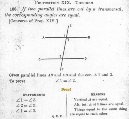 A traditional two-column proof, demonstrating how every single mathematical statement must be explicitly paired with a formalized logical justification.