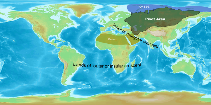 Sir Halford Mackinder's Heartland Theory map, illustrating the "Pivot Area" of Eurasia which he believed was the geographic key to global domination.