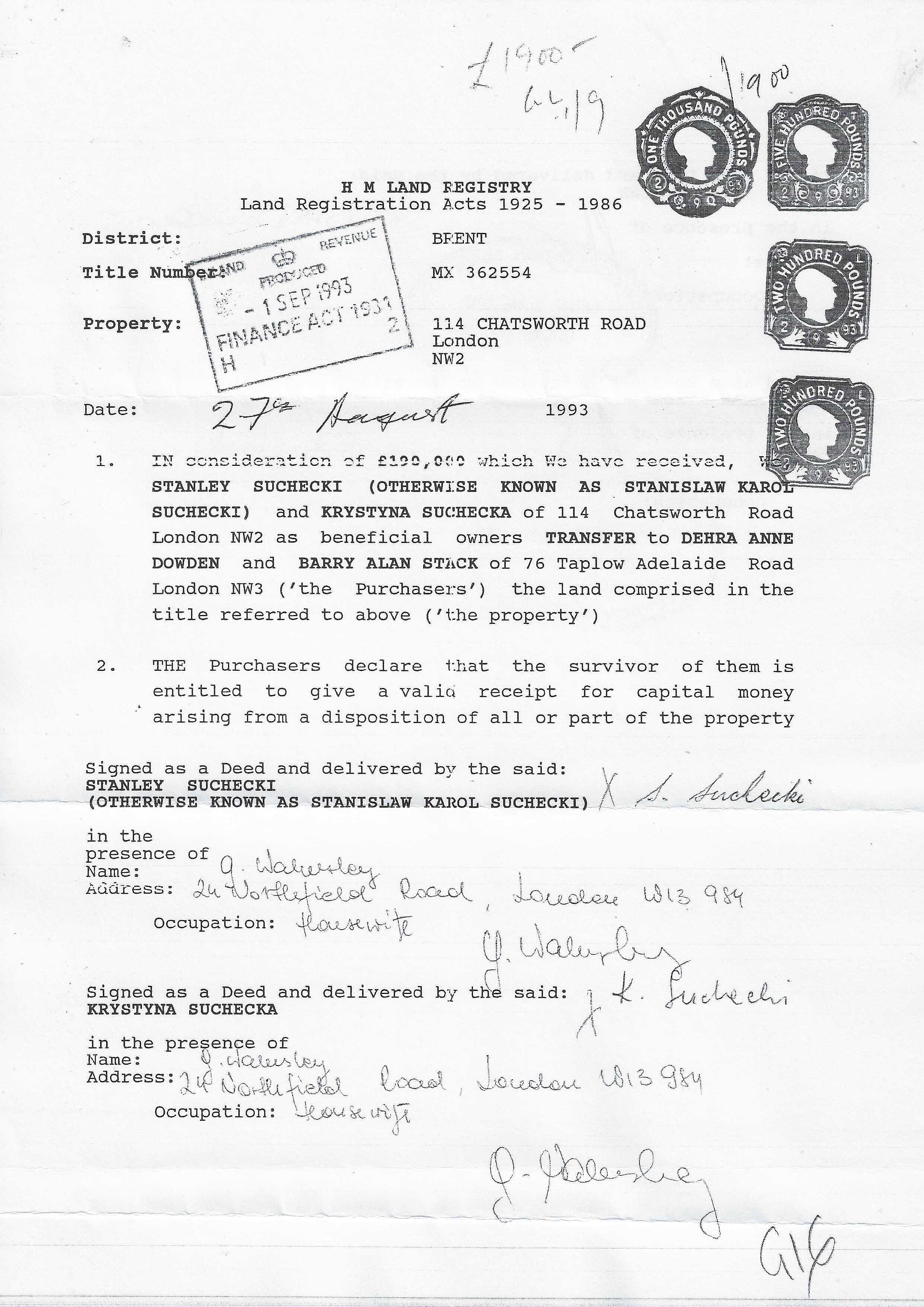 First page of an HM Land Registry title register (the Stack v Dowden property) — this is the kind of register entry TR1 panels 10–11 are designed to record when joint buyers hold a beneficial interest.