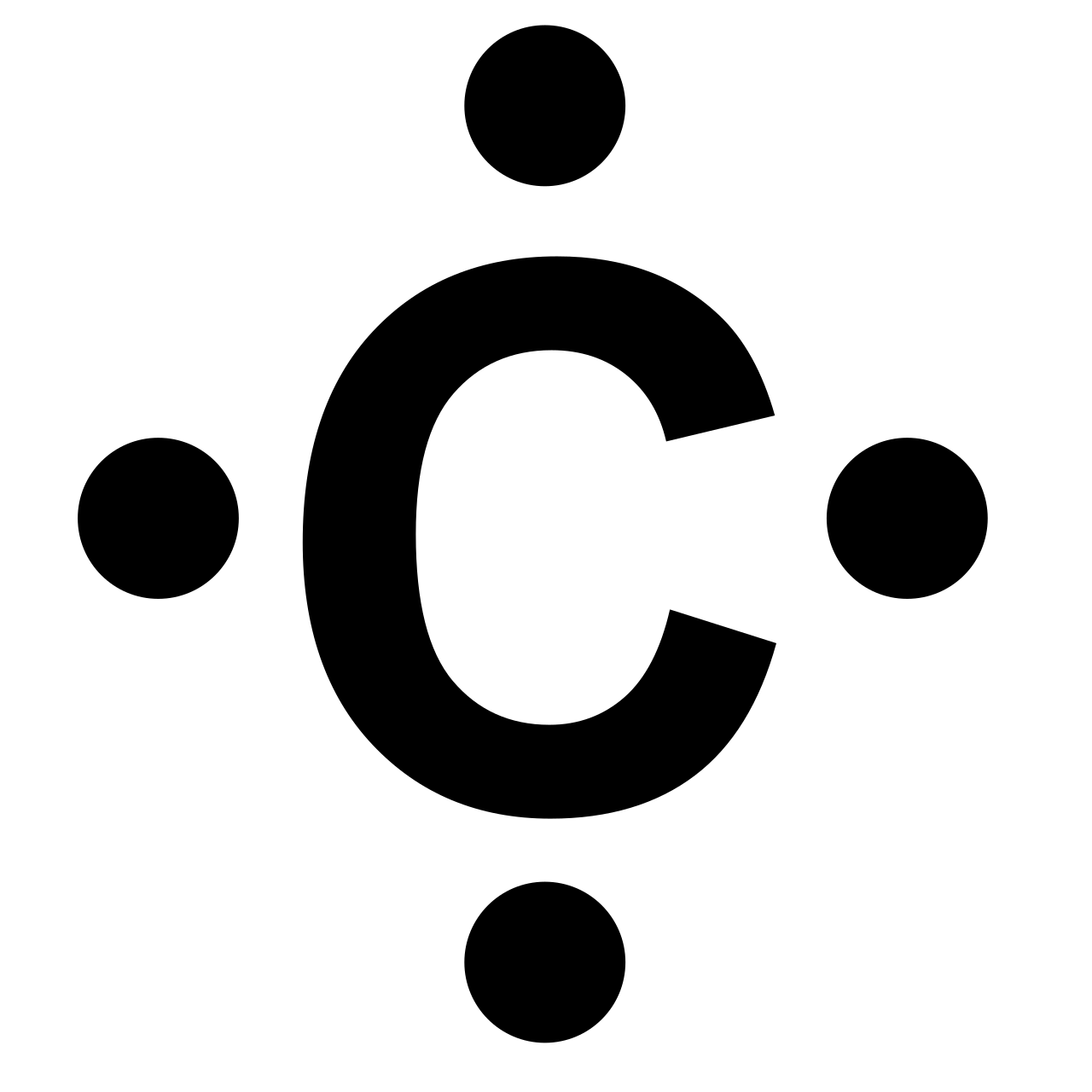 A Lewis dot diagram of a carbon atom highlighting its four valence electrons. This unique configuration allows carbon to form up to four simultaneous covalent bonds, acting as the highly versatile primary building block of organic life.