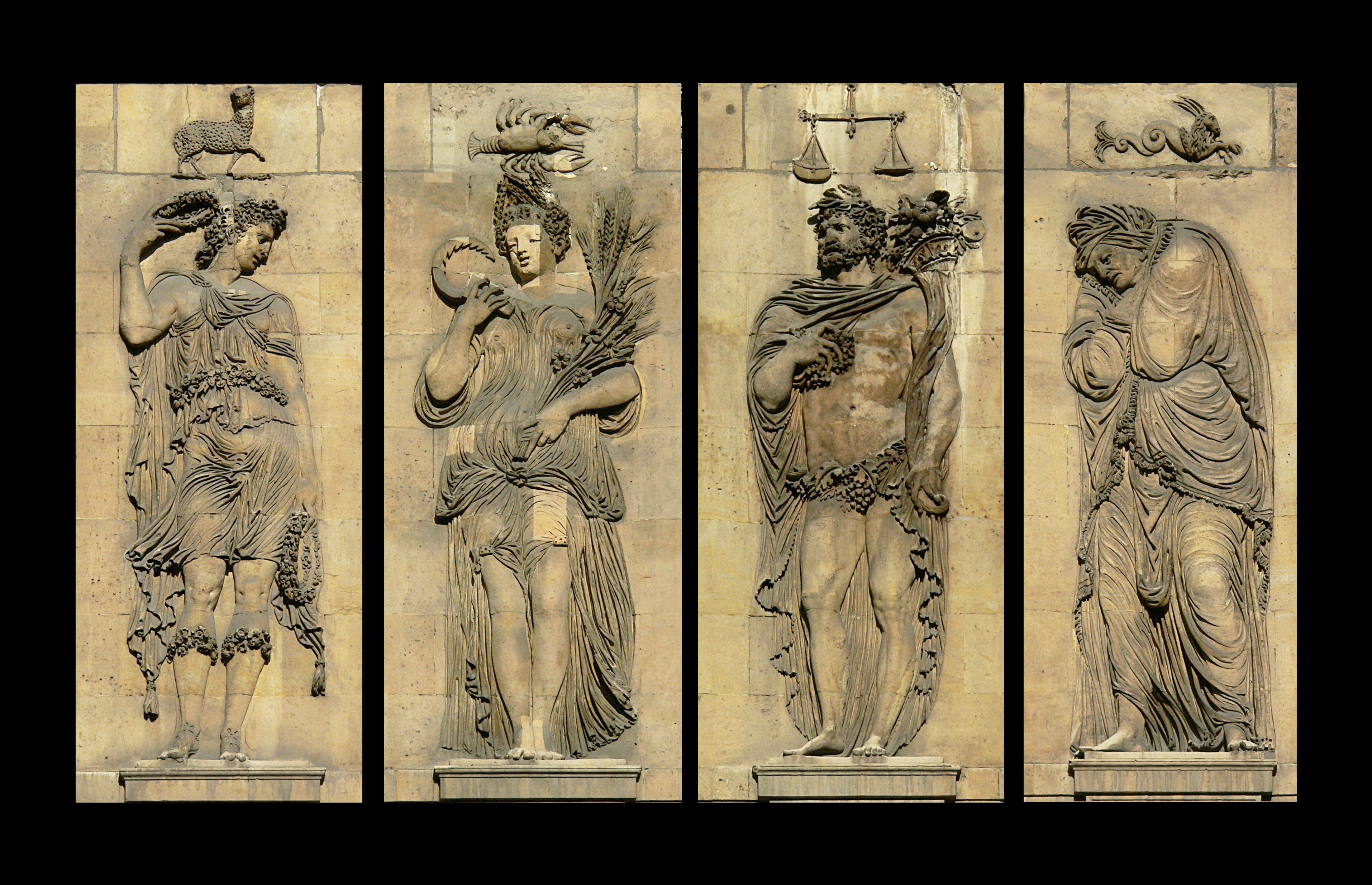 Visual personifications, such as these 16th-century reliefs of the Four Seasons, operate just like literary personification by assigning human bodies and recognizable behaviors to abstract concepts.