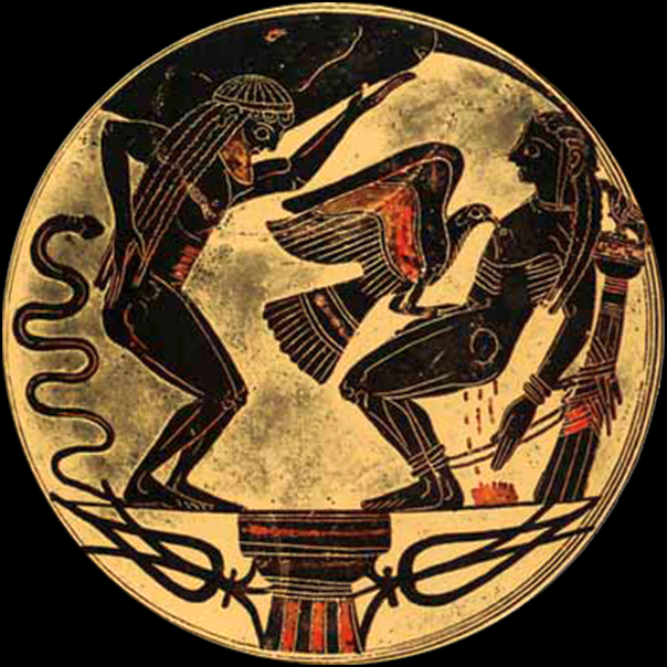 A 6th-century BC Greek pottery depiction of Prometheus bound to a column. Alluding to Prometheus allows authors to instantly invoke complex themes regarding forbidden knowledge and rebellion against authority.