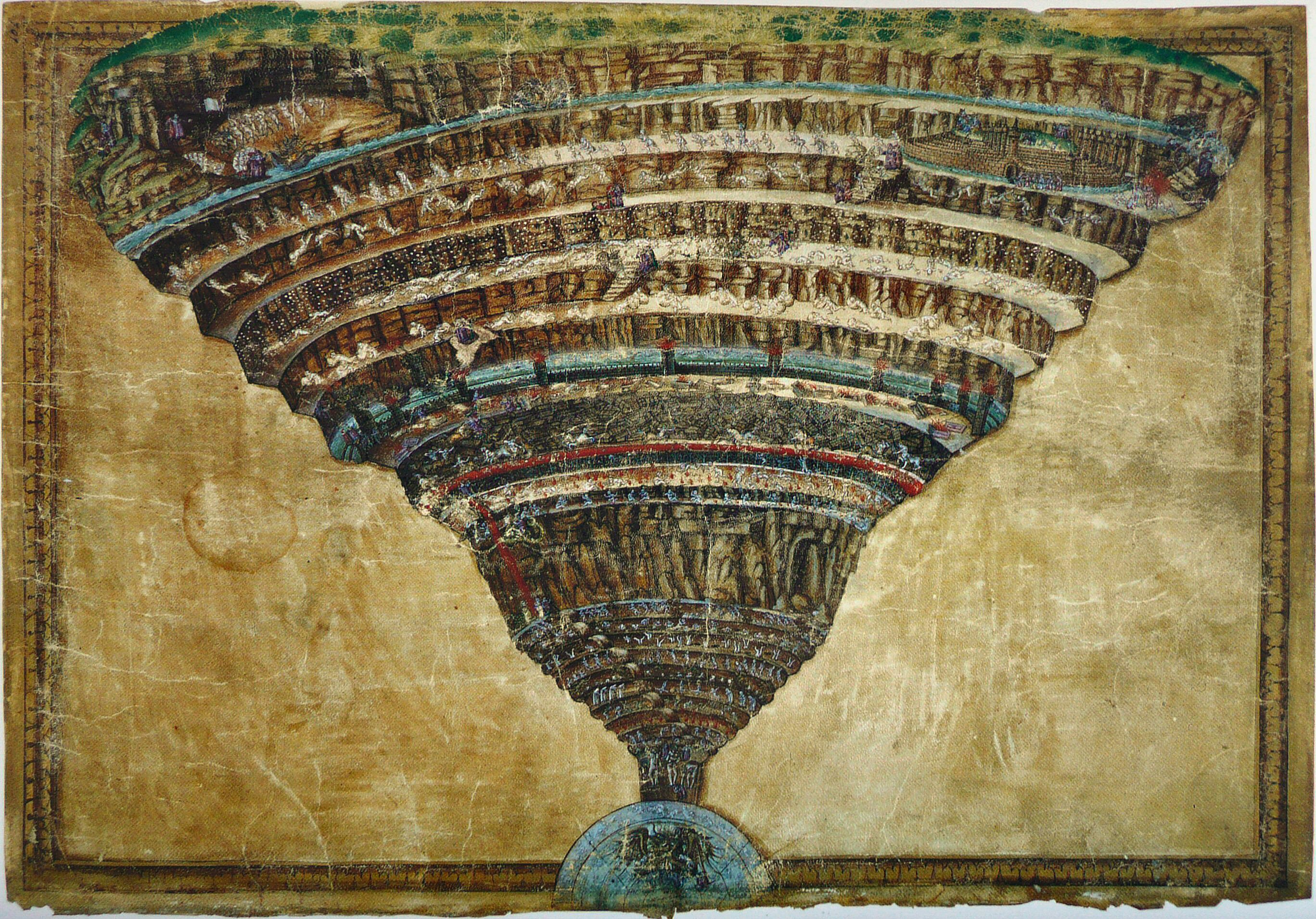 Sandro Botticelli's structural map of Hell based on Dante's "Inferno." The Divine Comedy provided a rigid, incredibly detailed architectural blueprint for the medieval Christian worldview.