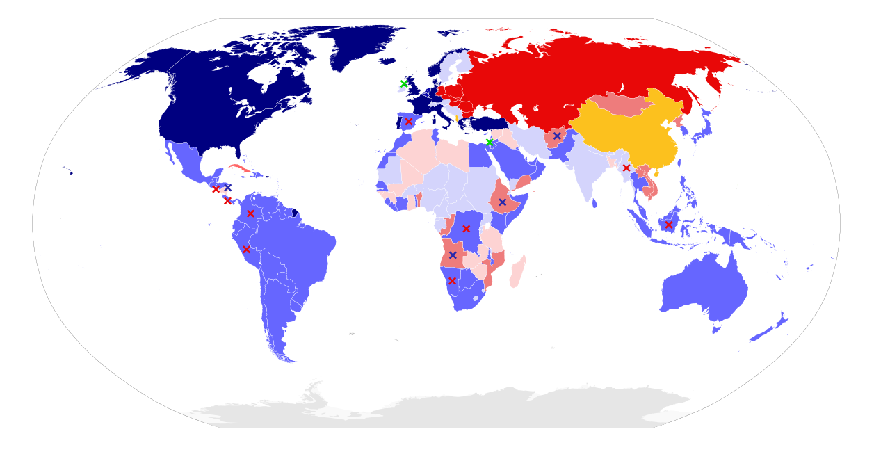A global map of the Cold War in 1980, illustrating the geopolitical divide between NATO and U.S. allies (blue) versus Warsaw Pact and Soviet-aligned states (red).
