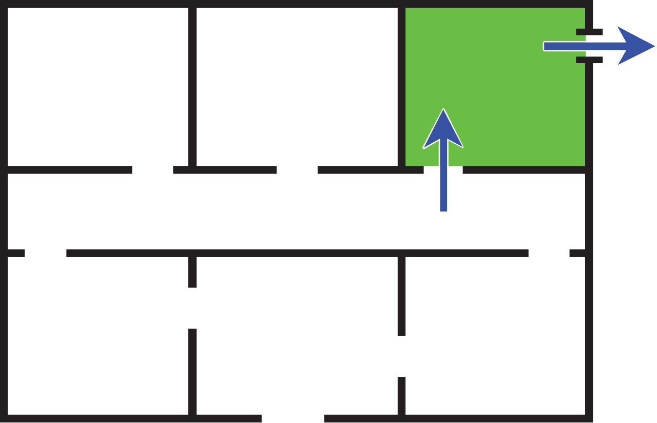 Schematic representation of a negative pressure isolation room. Controlled airflow actively pulls air into the room and safely exhausts it outside, preventing aerosolized pathogens like Tuberculosis from escaping into hospital corridors.