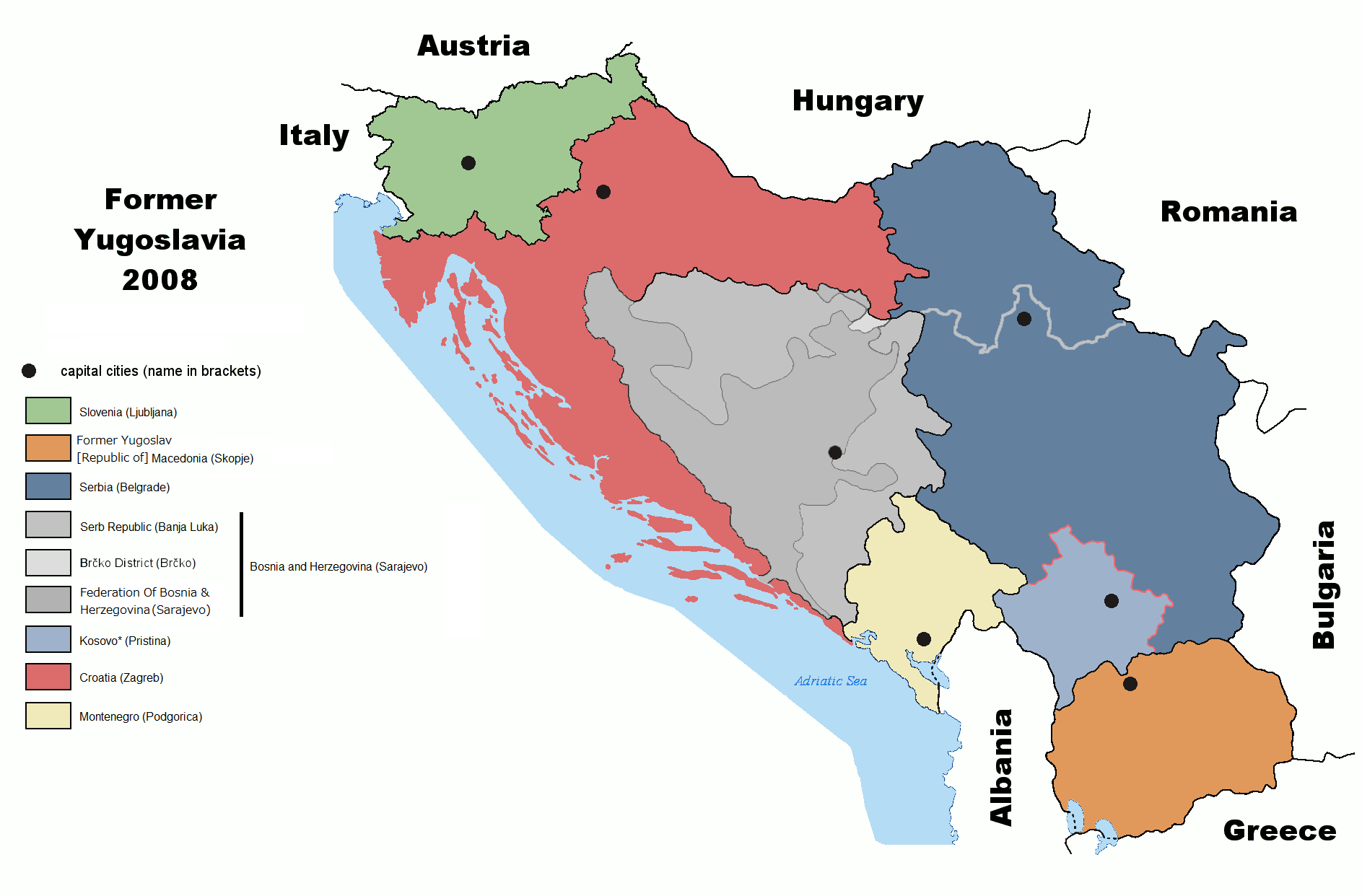 The modern political map of the former Yugoslavia following its balkanization—the violent fragmentation of a state into smaller, hostile units along ethnic lines.