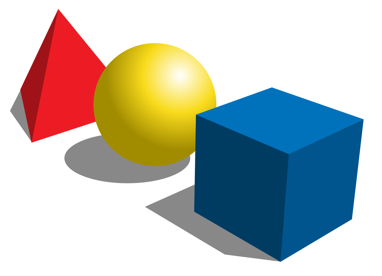 Basic three-dimensional geometric shapes: a pyramid, a sphere, and a cube.