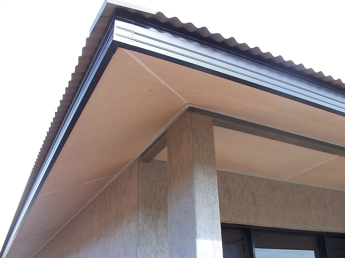 The underside of a roof overhang. The dark vertical boards are the fascia, while the enclosed white underside extending back to the exterior wall is the soffit.