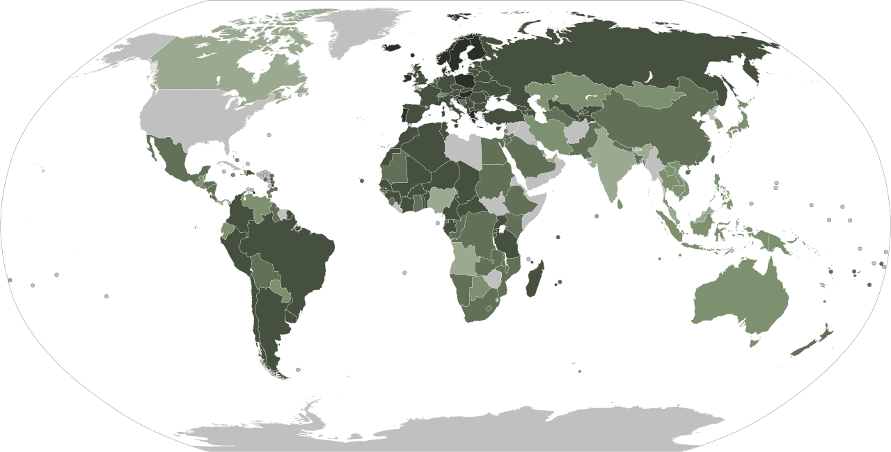 Standard VAT rates by country, shaded from lightest (no VAT) to darkest (~25%) — the UK's 20% standard rate sits toward the higher end of this global range.