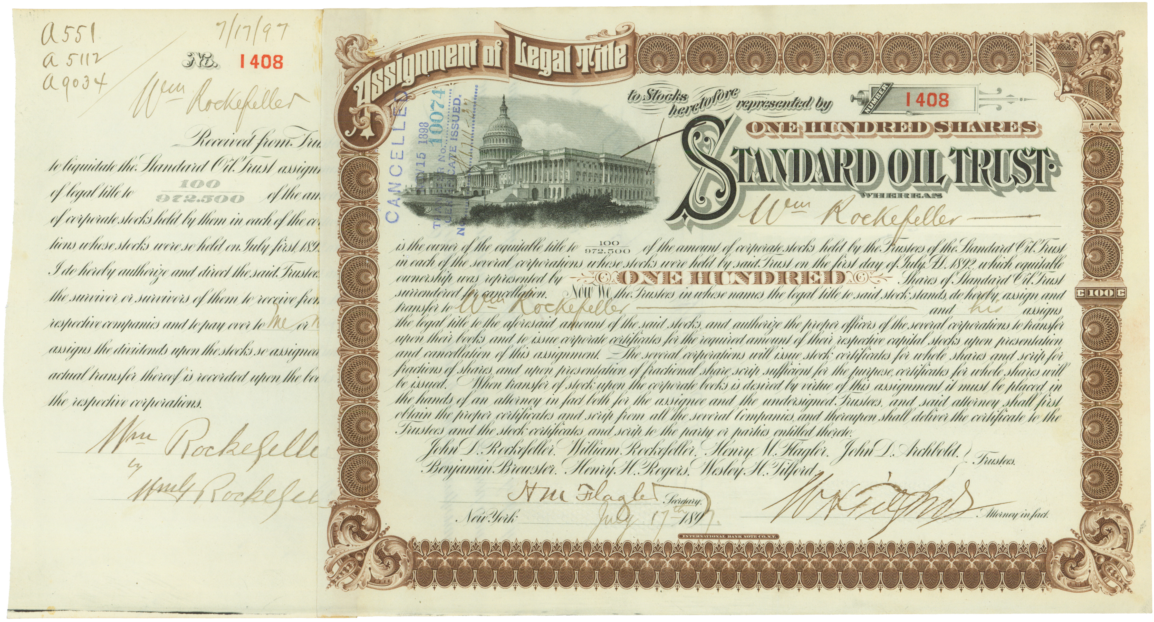 A 19th-century document assigning legal title to company shares — the kind of formal instrument (today, a stock transfer form) that must be executed to move legal title to shares, the asset at the heart of Re Rose and Pennington v Waine.