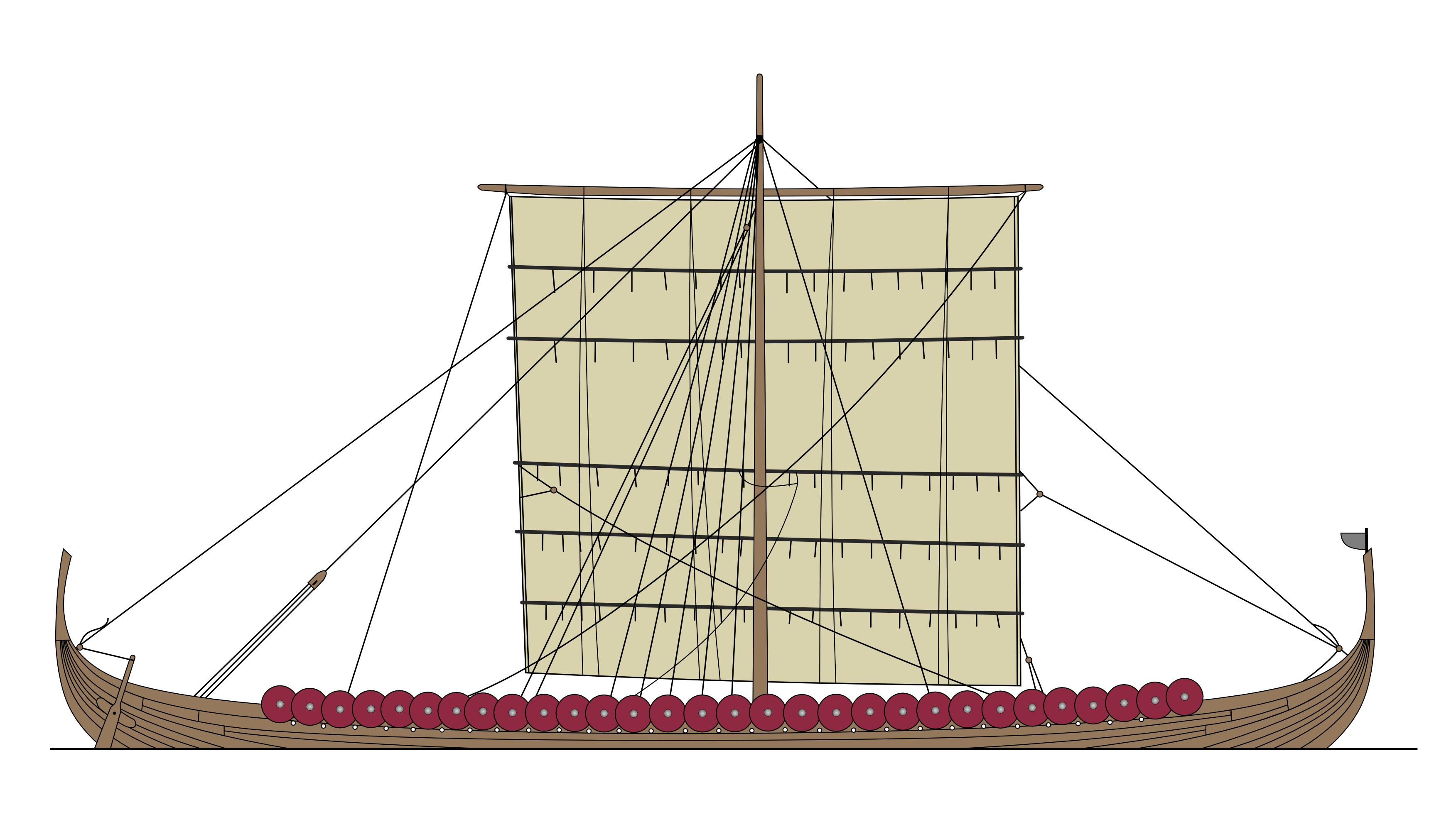 Schematic diagram of a Viking longship. Its shallow-draft design allowed Scandinavian raiders to navigate both deep oceans and shallow inland rivers, striking deep into the European interior.