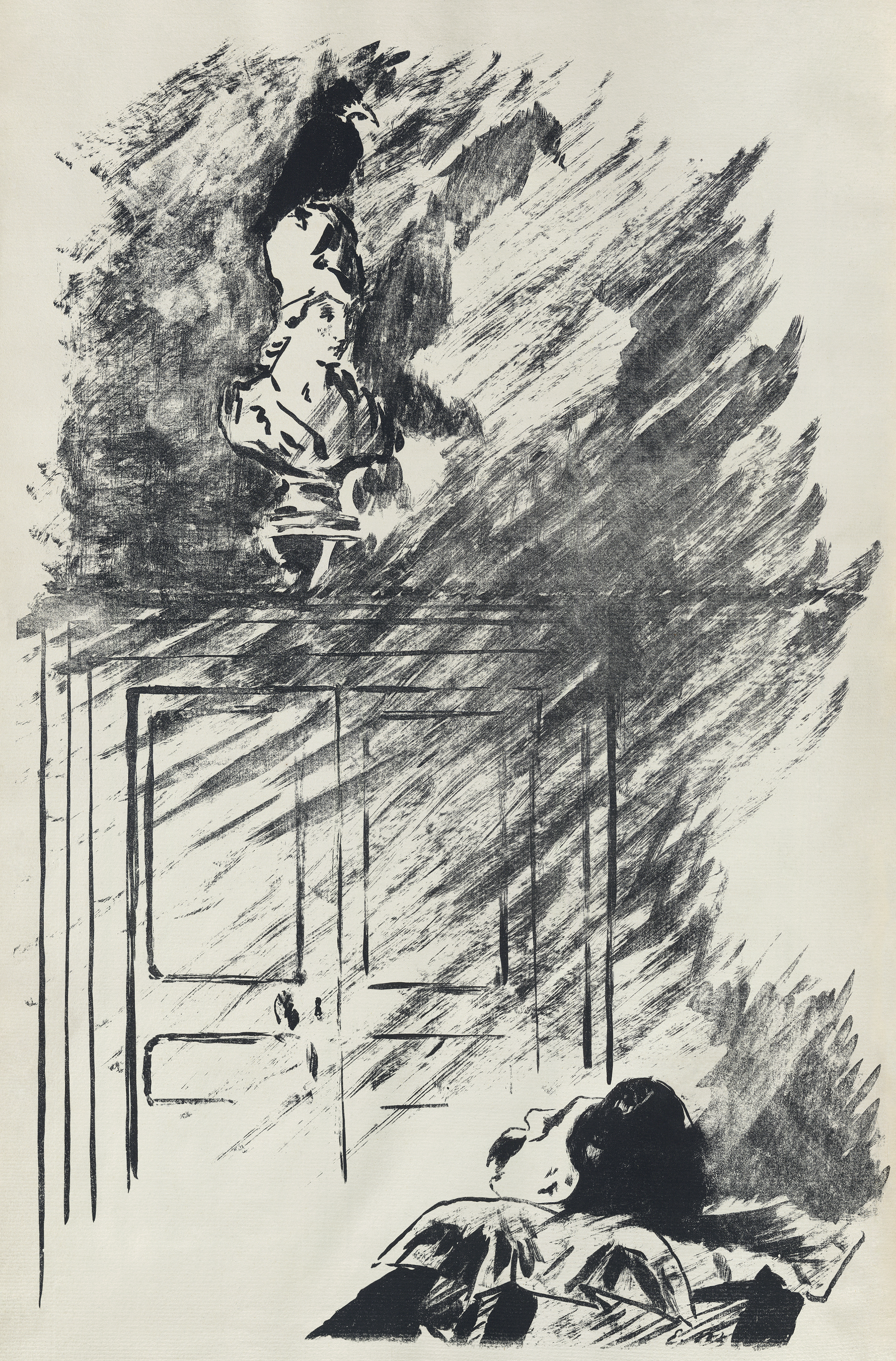 Édouard Manet's 1875 illustration of "The Raven" depicting the bird perched upon a bust of Pallas Athena, visually representing the narrator's scholarly mind.