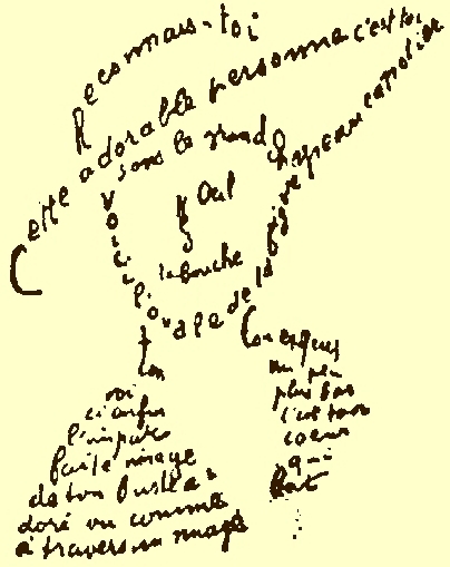 In concrete poetry, such as this calligram by Guillaume Apollinaire, the strict spatial constraints of the genre are manipulated so that the physical arrangement of words forms a literal visual structure on the page.
