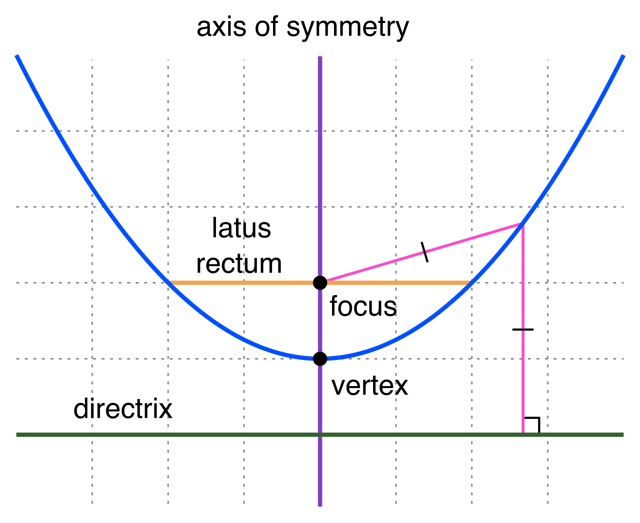 The anatomy of a parabola, illustrating its defining features including the vertex and the central axis of symmetry.