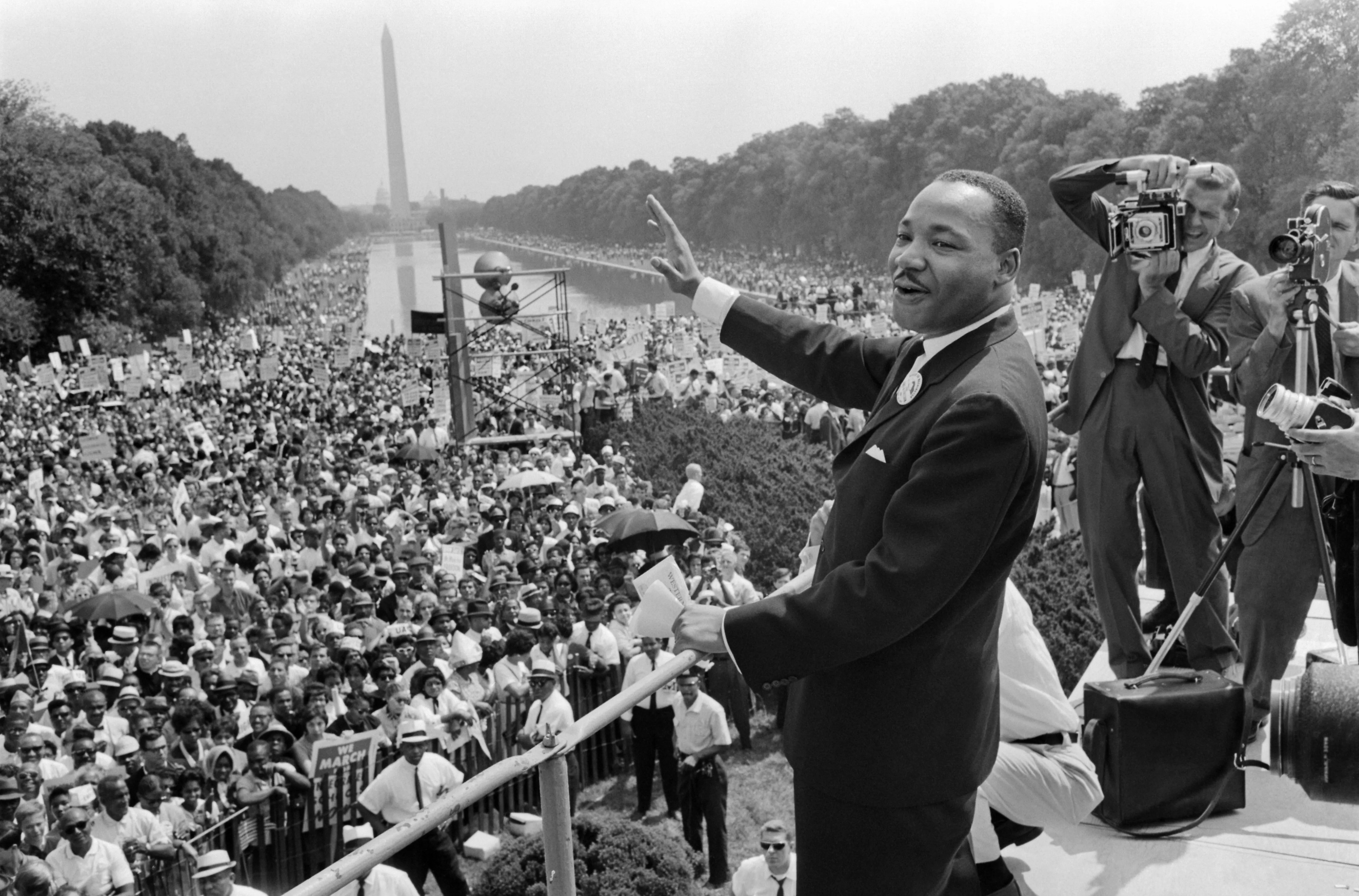 Martin Luther King Jr. delivering a speech at the 1963 March on Washington. King frequently leveraged his ethos as a clergyman and civil rights leader to establish moral authority with his audience.