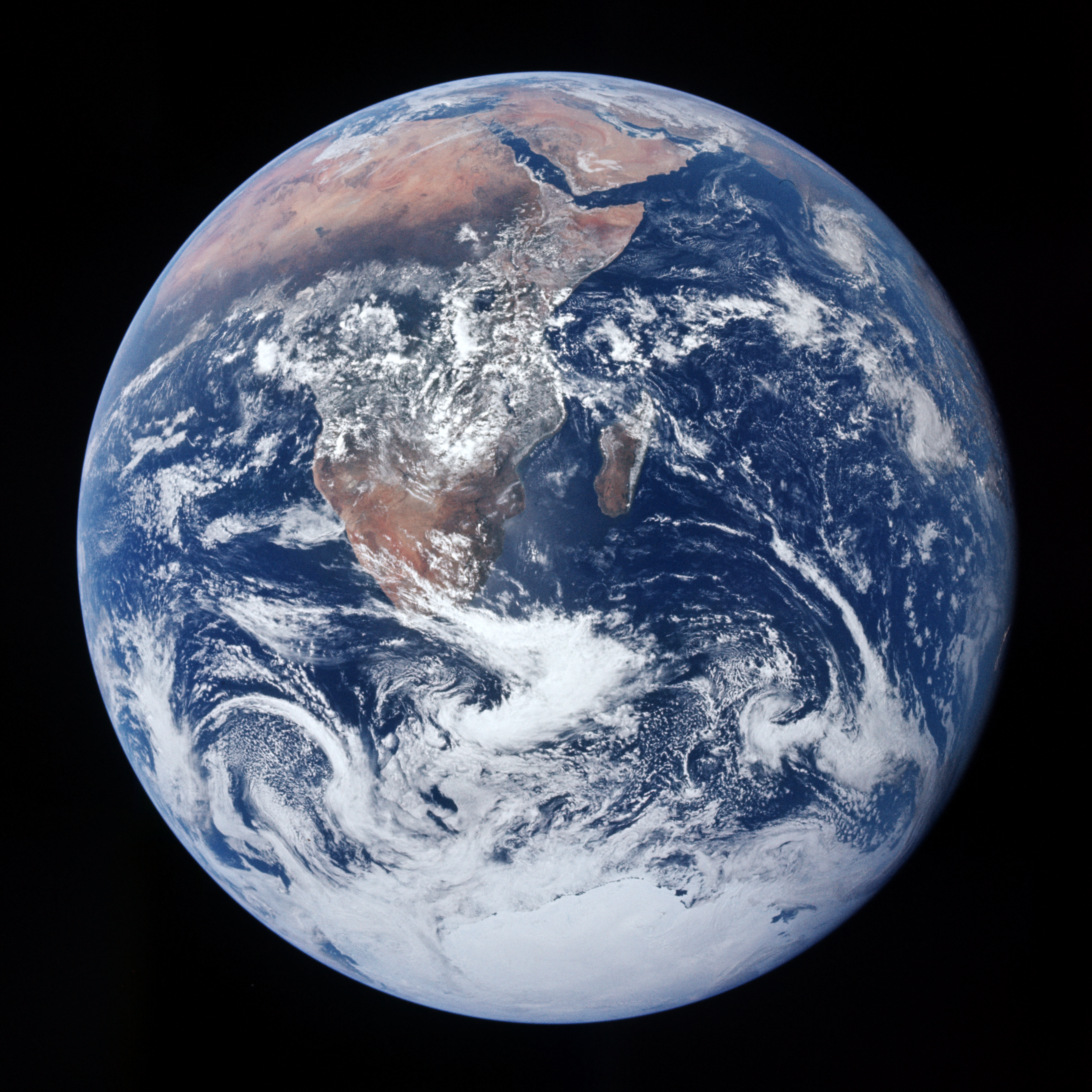 The famous "Blue Marble" satellite image taken during the Apollo 17 mission vividly shows Earth's oceans and landmasses free of human-drawn borders.